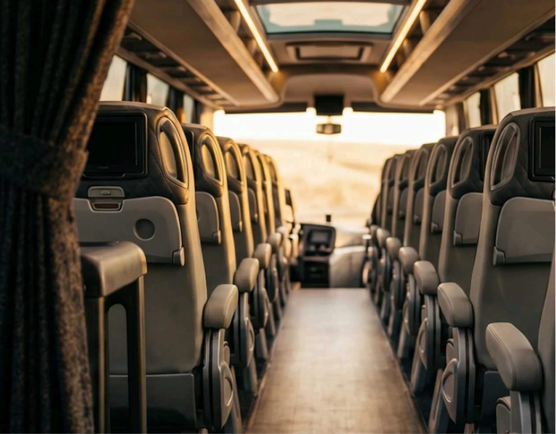 Close-up of premium leather seating and polished details inside the Lumina coach